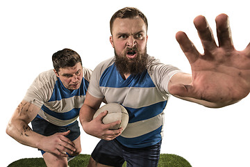 Image showing The silhouette of two caucasian rugby man player isolated on white background