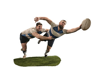 Image showing The silhouette of two caucasian rugby man player isolated on white background