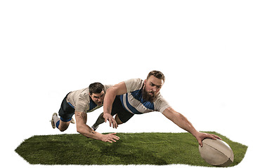 Image showing The silhouette of two caucasian rugby man player isolated on white background