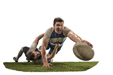 Image showing The silhouette of two caucasian rugby man player isolated on white background