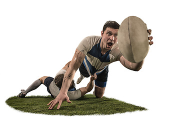 Image showing The silhouette of two caucasian rugby man player isolated on white background