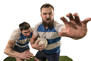 Image showing The silhouette of two caucasian rugby man player isolated on white background