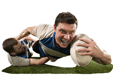 Image showing The silhouette of two caucasian rugby man player isolated on white background