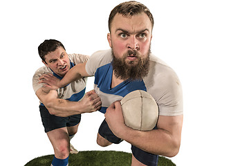 Image showing The silhouette of two caucasian rugby man player isolated on white background