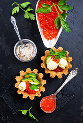 Image showing tartalets, butter and salmon caviar