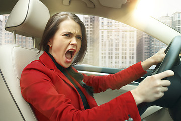 Image showing Driving around city. Young attractive woman driving a car