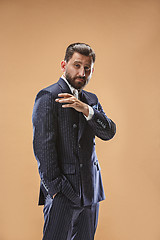 Image showing Male beauty concept. Portrait of a fashionable young man with stylish haircut wearing trendy suit posing over pastel background.