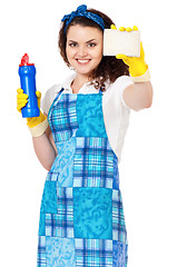 Image showing Young housewife on white