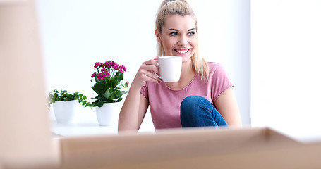 Image showing woman with many cardboard boxes sitting on floor