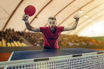 Image showing The table tennis player celebrating victory