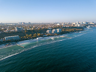 Image showing Panoramic bird\'s eye arial view from drone the coastline of a developed city Odesa, Ukraine. Copy space.