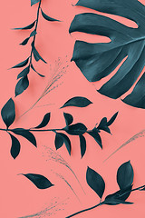 Image showing Decorative pattern with evergreen leaves of Monstera plant on a Living Coral color background. Top view.