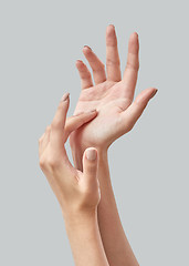 Image showing Beautiful women hands applying cream on a gray background. Process of hands massage. Hand skin care. Close up.