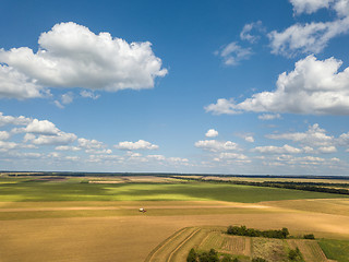 Image showing Panoramic landscape with endless farmlands and white big clouds in a blue sky in a summer day. Aerial view from drone.