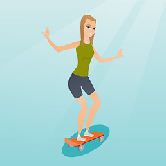 Image showing Young caucasian woman riding skateboard.