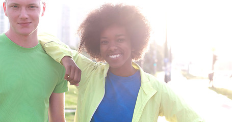 Image showing Portrait of multiethnic group of young people on the jogging