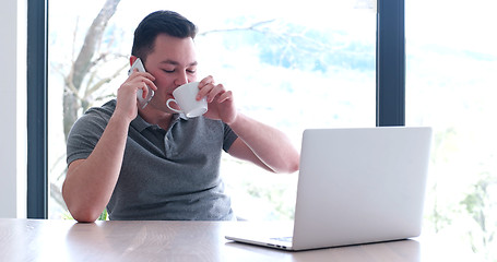 Image showing businessman working using a laptop in startup office