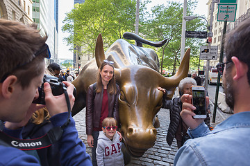 Image showing The landmark Charging Bull in Lower Manhattan represents the strength and power of the American People in New York, USA, on 18th of May, 2018.