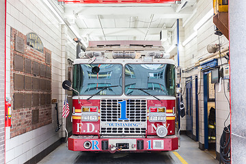 Image showing New York fire department trucks parked in fire station on 18th of May, 2018 in New York City, USA.