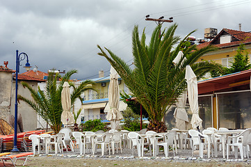 Image showing Empty outdoor cafe at the beach in Leptokaria, Macedonia, Greece