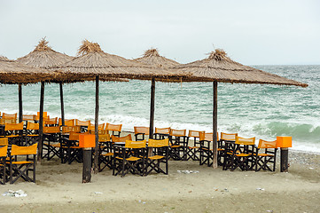 Image showing Empty beach outdoor cafe in Leptokaria, Macedonia, Greece