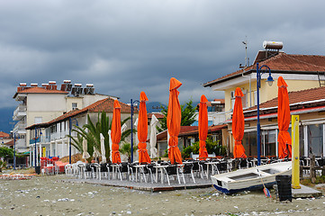 Image showing Empty outdoor cafe at the beach in Leptokaria, Macedonia, Greece