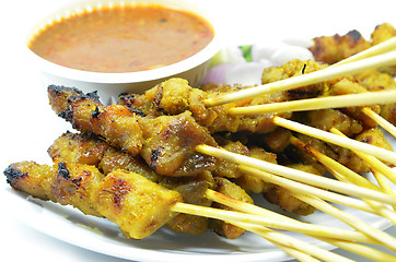 Image showing Chicken satay with peanut sauce