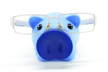 Image showing Blue piggy bank with glasses