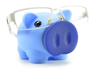 Image showing Blue piggy bank with glasses