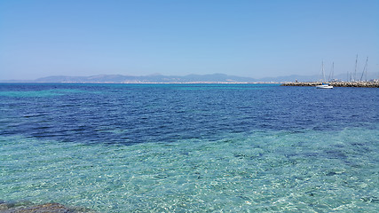 Image showing Beautiful sea views with yacht and Palma de Mallorca on the hori