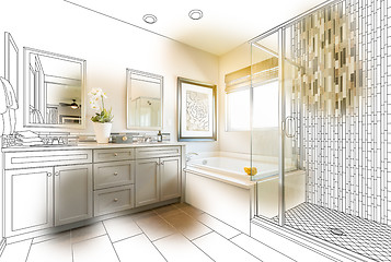 Image showing Custom Master Bathroom Design Drawing With Brush Stroke Revealin