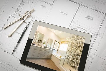 Image showing Computer Tablet with Master Bathroom Design Over House Plans, Pe