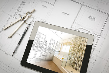 Image showing Computer Tablet with Master Bathroom Design Over House Plans, Pe