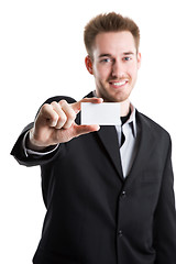 Image showing Caucasian businessman and business card