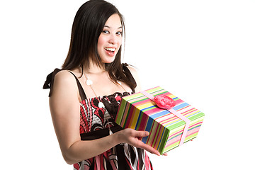 Image showing Asian woman holding a gift box