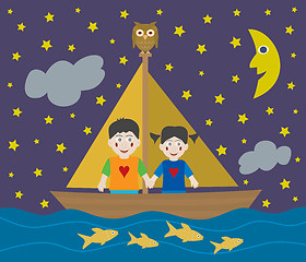 Image showing Kids sailing adventure into the night