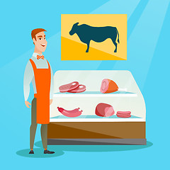 Image showing Butcher offering fresh meat in the butcher shop.