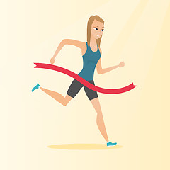 Image showing Young caucasian sportswoman crossing finish line.