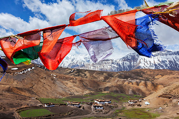 Image showing Buddhist flags in sky