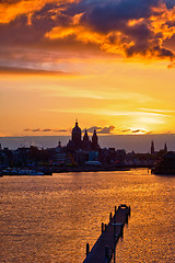 Image showing Amsterdam cityscape skyline with Church of Saint Nicholas on su