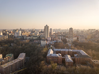Image showing Panoramic aerial view from the drone, a view of the bird\'s eye view of the the central historical part of the city of Kiev, Ukraine, with old buildings of the city.