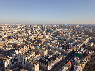 Image showing City landscape of Kiev with modern and old houses roads with cars, Ukraine. Drone photography