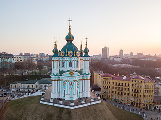 Image showing aerial view of Podol and St Andrew\'s Church on the sunset in Kiev city