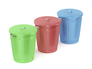 Image showing Green, red and blue trash cans