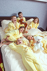 Image showing Large group of friends taking goog time on bed