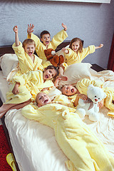 Image showing Large group of friends taking goog time on bed