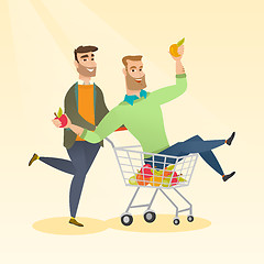 Image showing Couple of friends riding in shopping trolley.