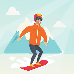 Image showing Young caucasian man snowboarding.