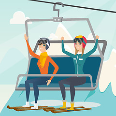 Image showing Two caucasian skiers using cableway at ski resort.