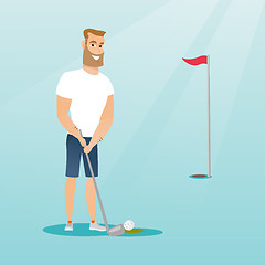 Image showing Young caucasian golfer hitting a ball.